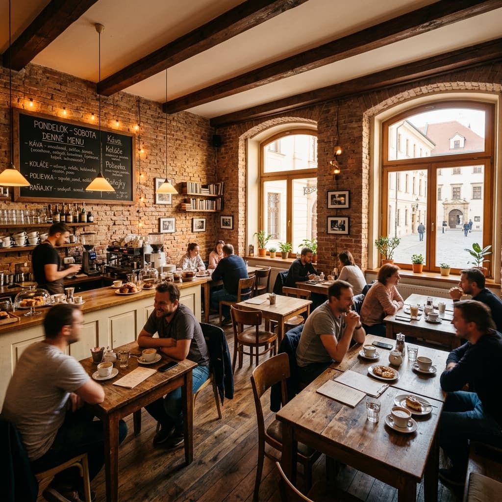 Interiér Bistro Letná s tehlovou stenou a veľkými oknami